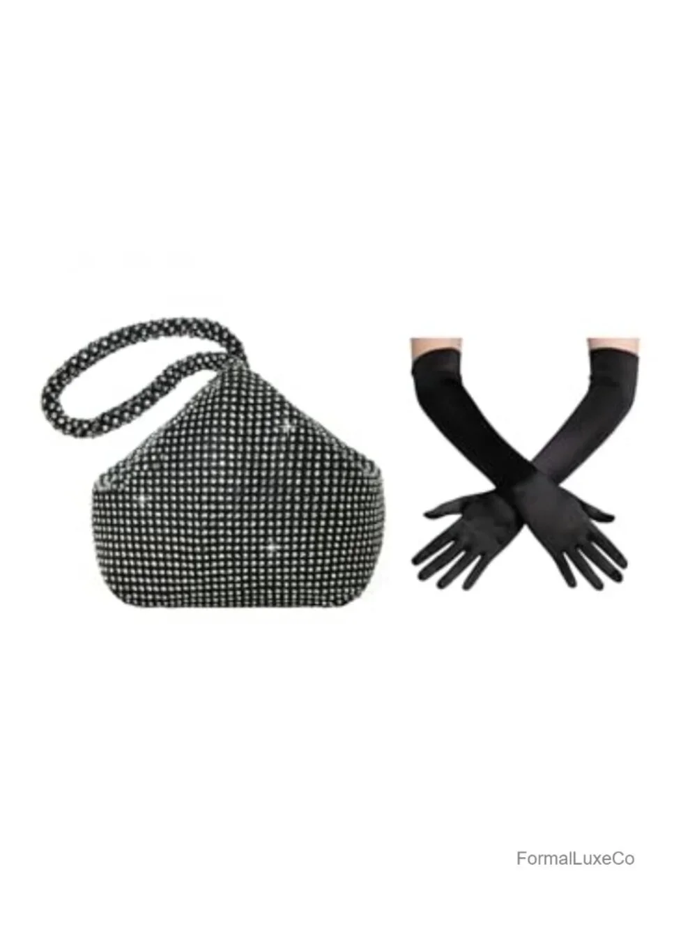 Sparkly Rhinestone Clutch Evening Bag with Long Satin Opera Gloves